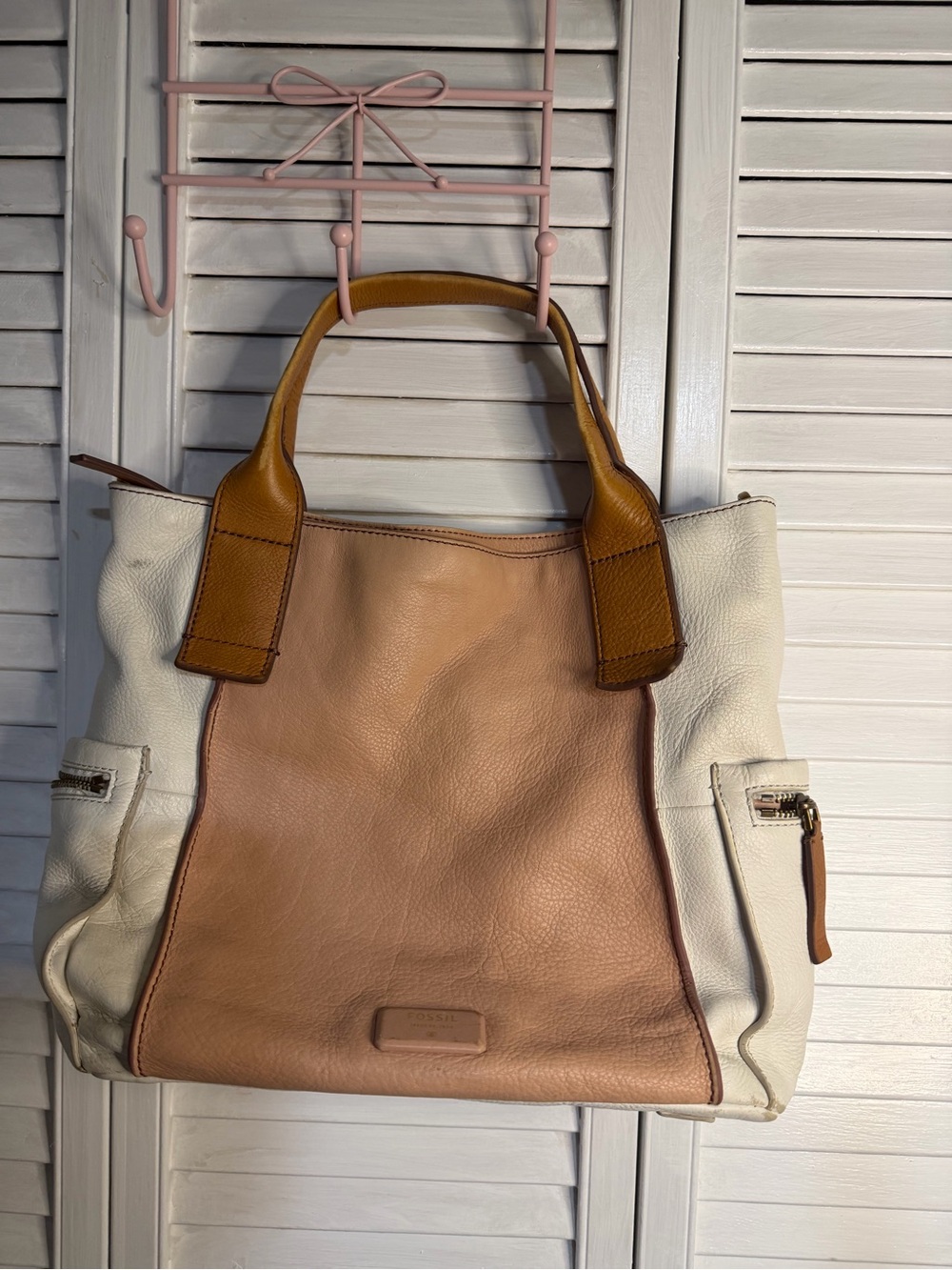 Fossil Cream, Tan & Brown Leather Colorblock Shoulder Bag